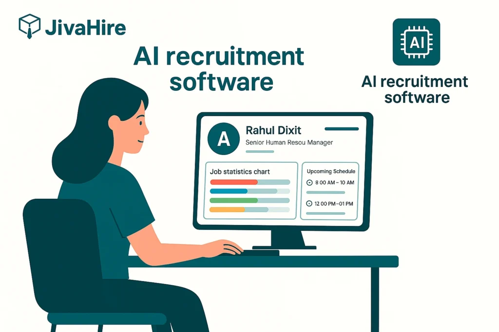 HR manager streamlining hiring with Jivahire AI recruitment software .AI hiring platform, Recruitment software, Hiring solutions, Talent acquisition platform, Recruitment automation tool, End-to-end hiring platform, AI candidate matching, Intelligent resume parsing, AI video screening, AI interview tools, AI-powered recruitment, AI recruitment software, AI hiring solution, Automated interview platform, Video interviewing platform, Automated job descriptions, Candidate assessment tools, Social media recruitment, Digital hiring platform, Streamlined recruitment, Efficient hiring process, Remote hiring solutions, Recruitment technology, HR tech solutions, Resume analysis AI